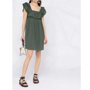 ba&sh Belle Ruffle Mini Dress SZ 0 / XS Green Pleated Boho Cottagecore Shift